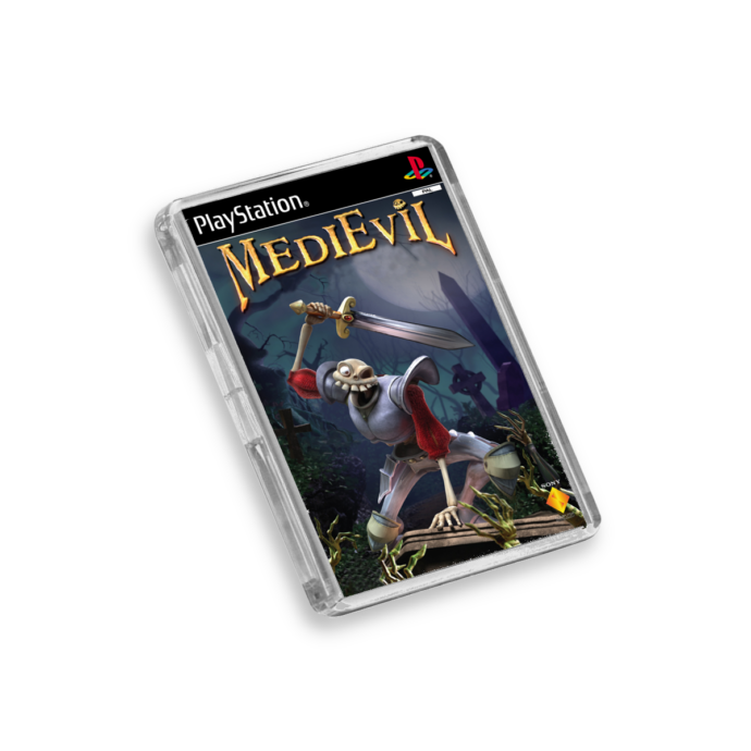 Plastic MediEvil PS1 fridge magnet on a white background