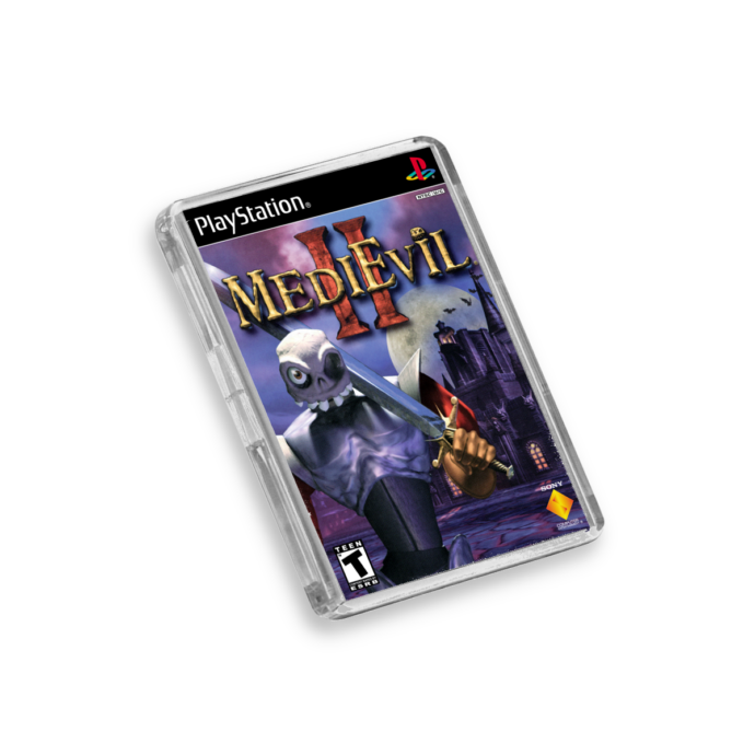 Plastic MediEvil 2 PS1 fridge magnet on a white background