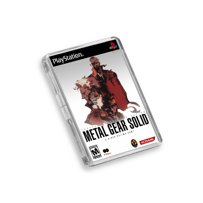 Plastic Metal Gear Solid PS1 fridge magnet on a white background