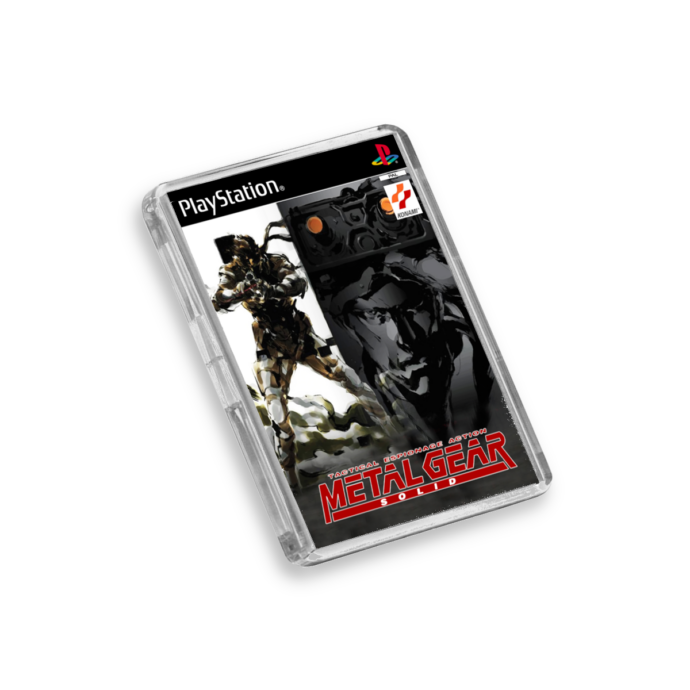 Plastic Metal Gear Solid PS1 fridge magnet on a white background