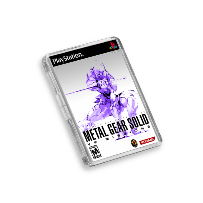 Plastic Metal Gear Solid VR PS1 fridge magnet on a white background