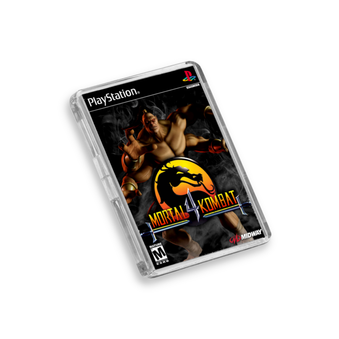 Plastic Mortal Kombat 4 PS1 fridge magnet on a white background