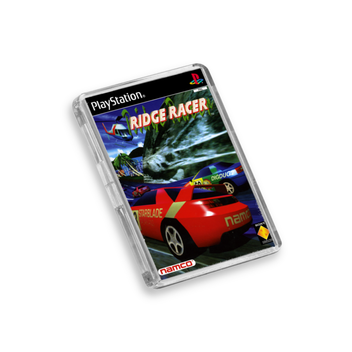 Plastic Ridge Racer PS1 fridge magnet on a white background