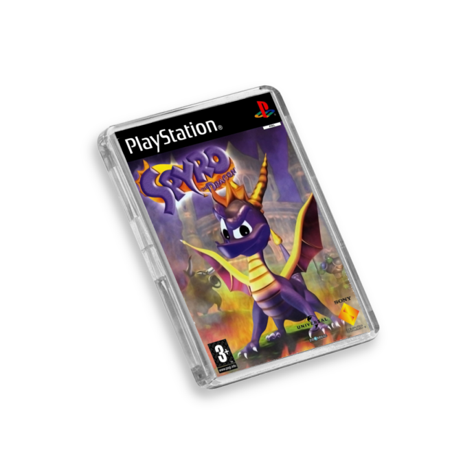 Plastic Spyro the Dragon PS1 fridge magnet on a white background