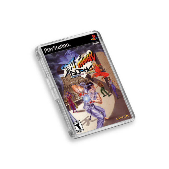 Plastic Street Fighter Alpha PS1 fridge magnet on a white background