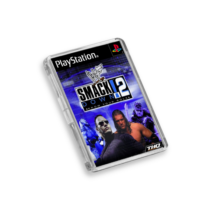 Plastic WWF Smack Down 2 PS1 fridge magnet on a white background