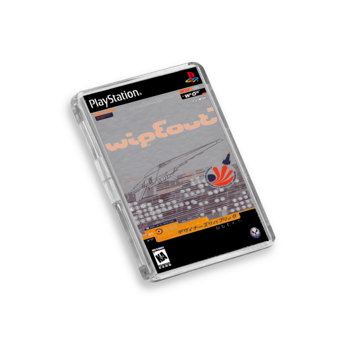 Plastic Wipeout PS1 fridge magnet on a white background