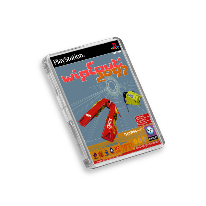 Plastic Wipeout 2097 PS1 fridge magnet on a white background