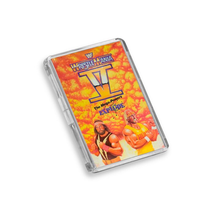 Plastic WWE WrestleMania 5 magnet on a white background