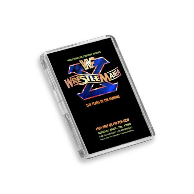 Plastic WWE WrestleMania 10 magnet on a white background