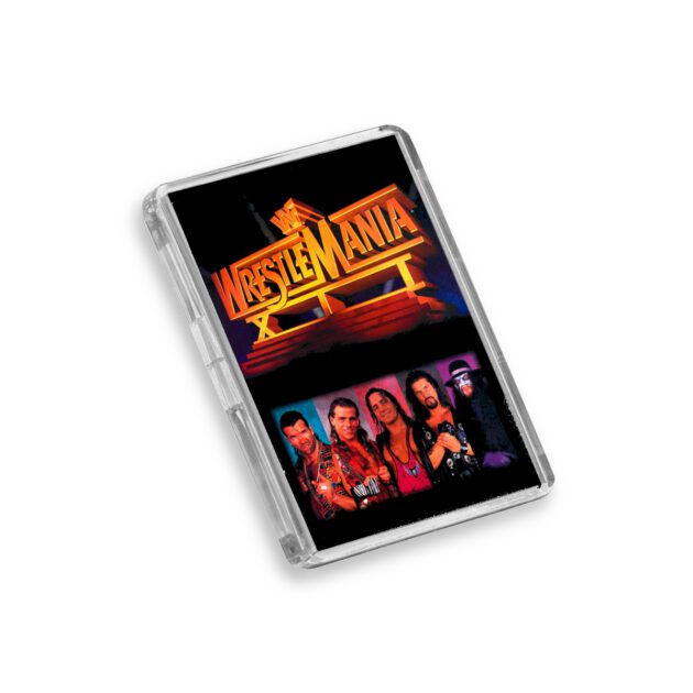 Plastic WWE WrestleMania 12 magnet on a white background