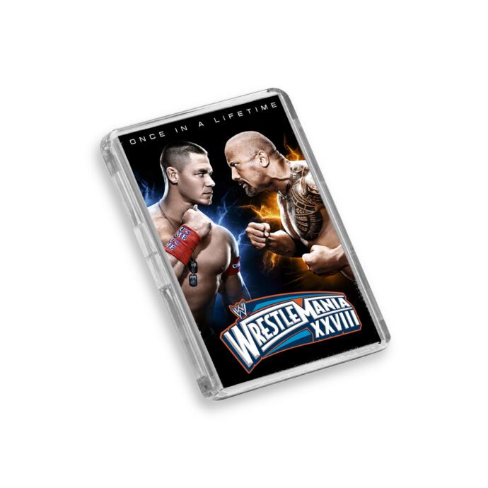 Plastic WWE WrestleMania 28 magnet on a white background
