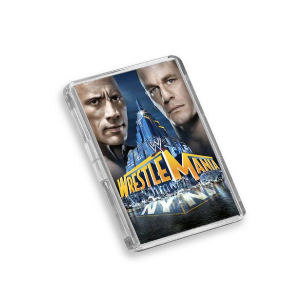 Plastic WWE WrestleMania 29 magnet on a white background