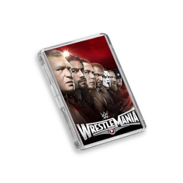 Plastic WWE WrestleMania 31 magnet on a white background