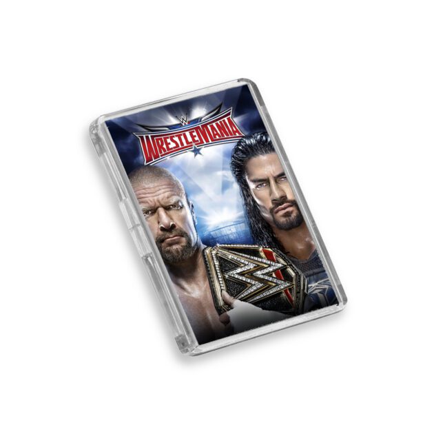 Plastic WWE WrestleMania 32 magnet on a white background