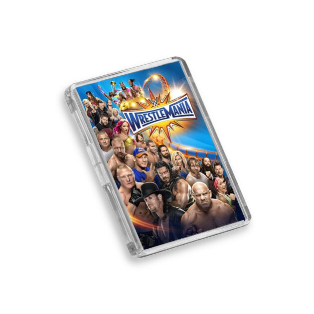 Plastic WWE WrestleMania 33 magnet on a white background