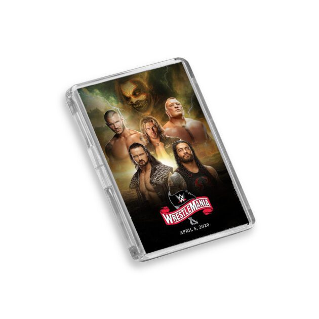 Plastic WWE WrestleMania 36 magnet on a white background