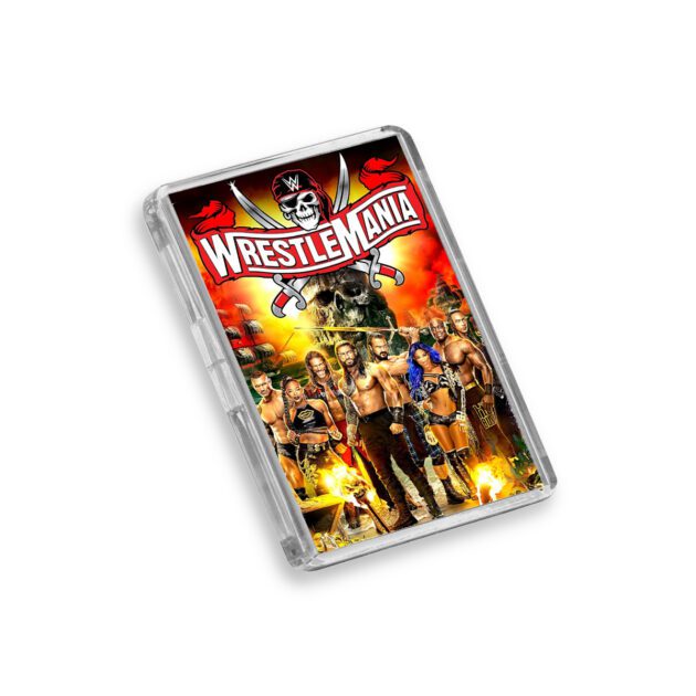 Plastic WWE WrestleMania 37 magnet on a white background
