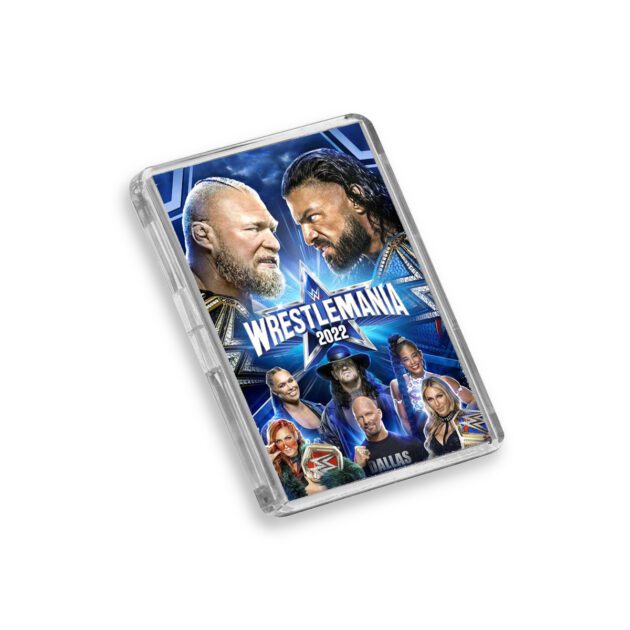 Plastic WWE WrestleMania 38 magnet on a white background