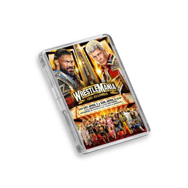 Plastic WWE WrestleMania 39 magnet on a white background