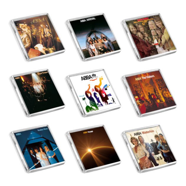 A set of 9 fridge magnets with the complete ABBA album covers displayed on a white background