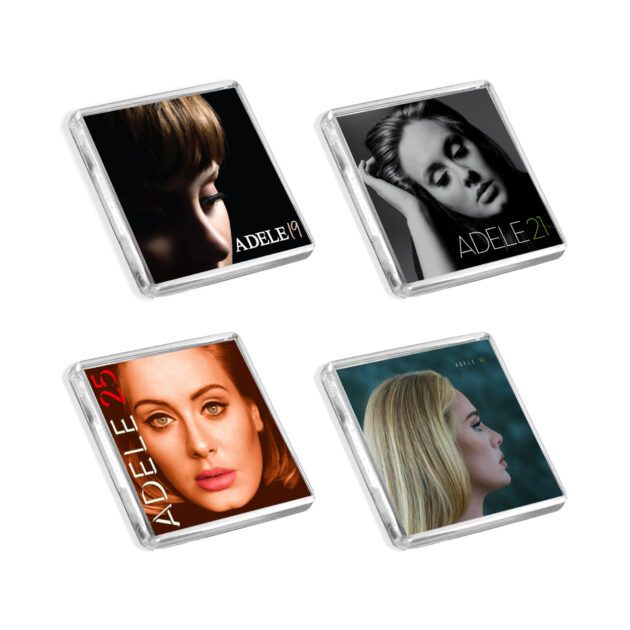 Image of Adele album cover-inspired fridge magnets on a white background