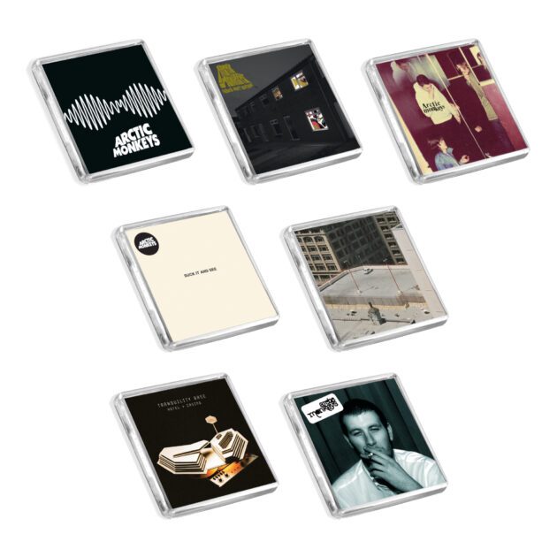 Image of Arctic Monkeys Complete album cover-inspired fridge magnet collection on a white background