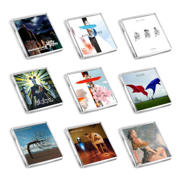 Set of 9 Biffy Clyro album cover-inspired fridge magnets on a white background