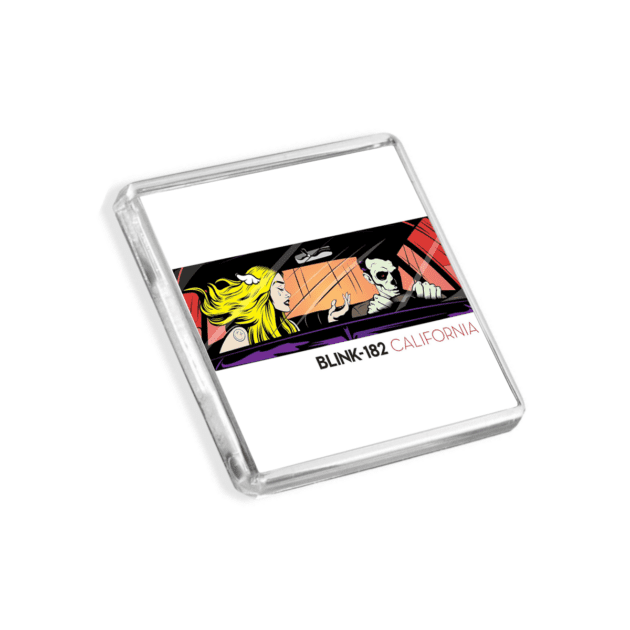 Image of Blink 182 - California album cover-inspired fridge magnet on a white background