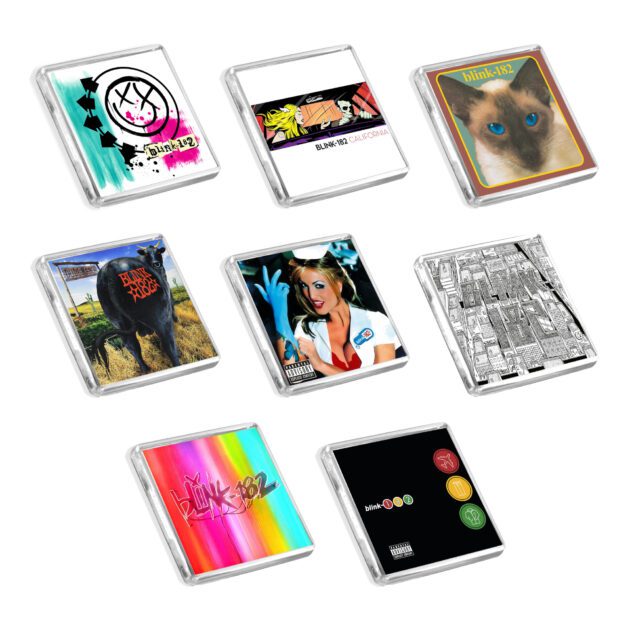 Set of 8 Blink 182 album cover-inspired fridge magnets on a white background