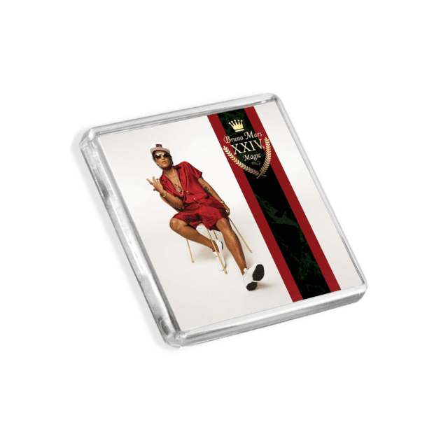 Image of Bruno Mars - 24K Magic album cover-inspired fridge magnet on a white background