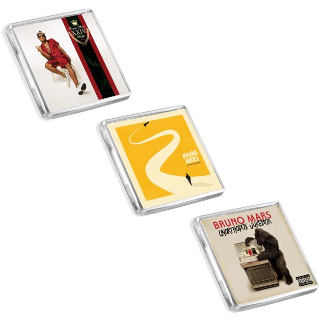 Set of 3 Bruno Mars album cover-inspired fridge magnets on a white background