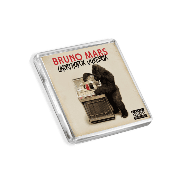 Image of Bruno Mars - Unorthodox Jukebox album cover-inspired fridge magnet on a white background