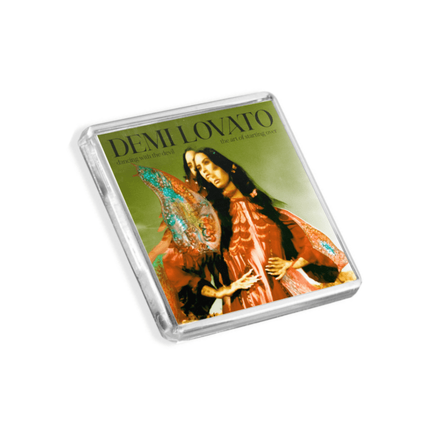Image of Demi Lovato - Dancing With The Devil album cover-inspired fridge magnet on a white background