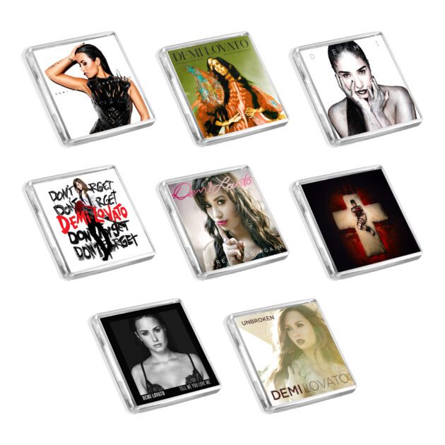 Set of 8 Demi Lovato album cover-inspired fridge magnets on a white background
