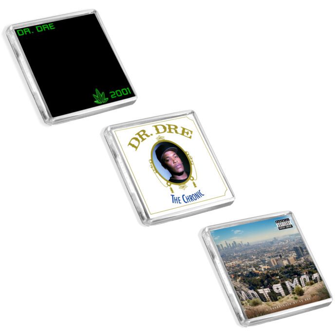 Set of 3 Dr. Dre album cover-inspired fridge magnets on a white background
