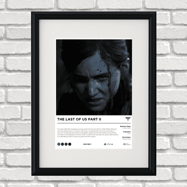 Image of a custom Last of Us 2 print in a black frame mounted on a white brick wall