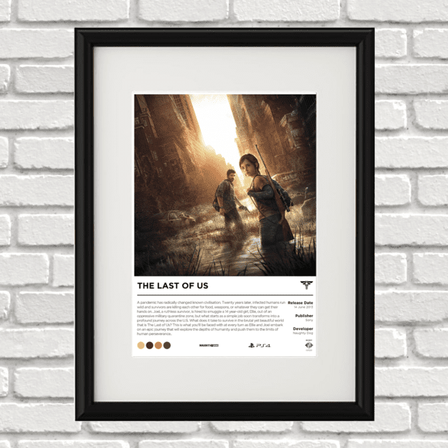 Image of a custom Last of Us print in a black frame mounted on a white brick wall