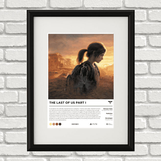 Image of a custom Last of Us Part I print in a black frame mounted on a white brick wall