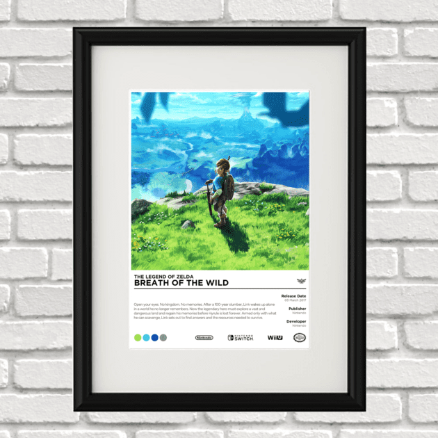 Image of a custom Zelda Breath of the Wild print in a black frame mounted on a white brick wall