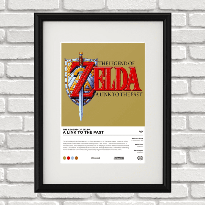 Image of a custom Legend of Zelda Link to the Past print in a black frame mounted on a white brick wall