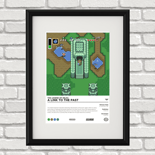 Image of a custom Legend of Zelda Link to the Past print in a black frame mounted on a white brick wall