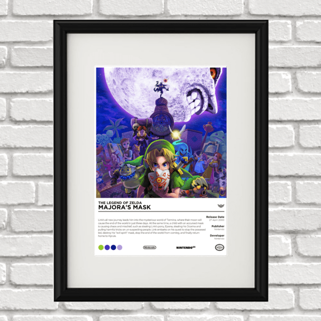 Image of a custom Legend of Zelda Majora's Mask print in a black frame mounted on a white brick wall