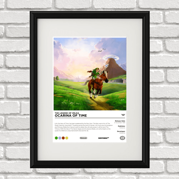 Image of a custom Legend of Zelda Ocarina of Time print in a black frame mounted on a white brick wall