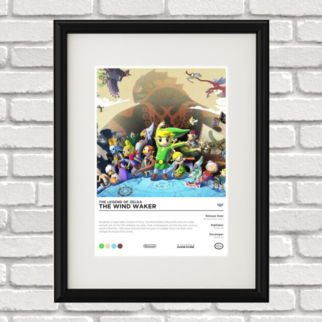 Image of a custom Legend of Zelda Wind Waker print in a black frame mounted on a white brick wall