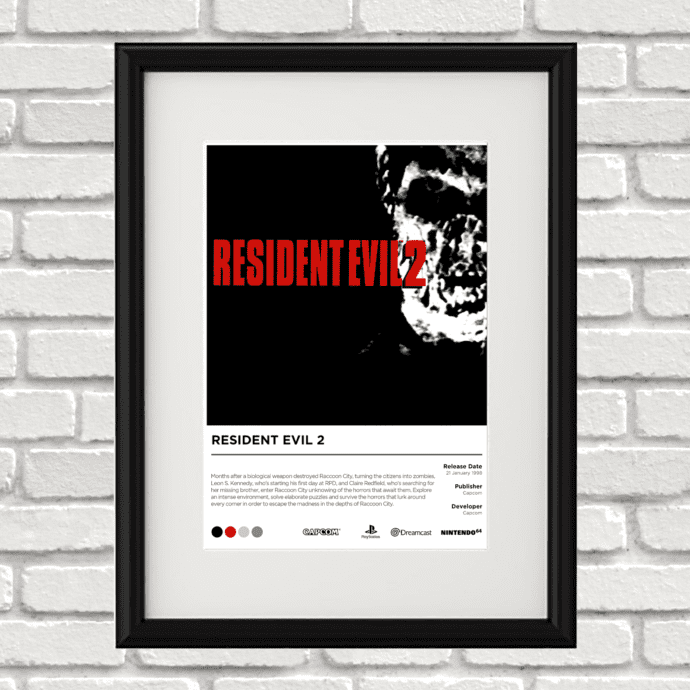 Image of a custom Resident Evil 2 print in a black frame mounted on a white brick wall