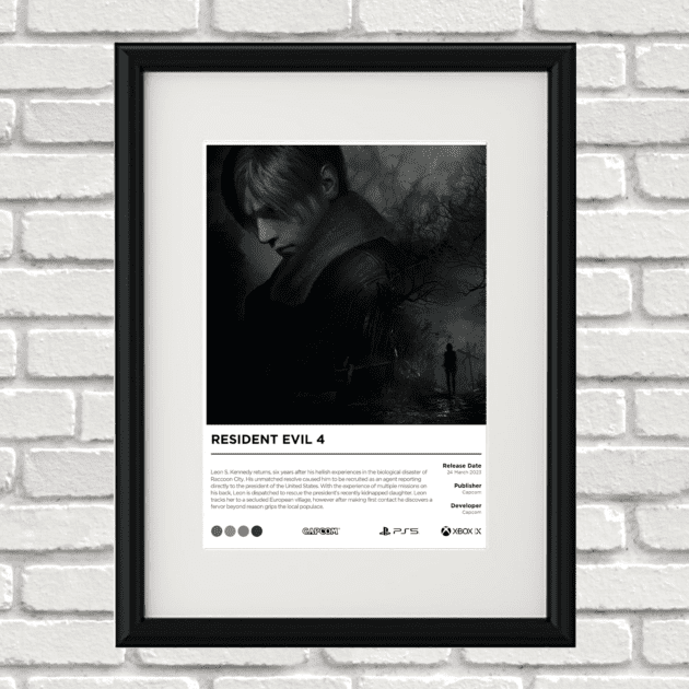 Image of a custom Resident Evil 4 Remake print in a black frame mounted on a white brick wall
