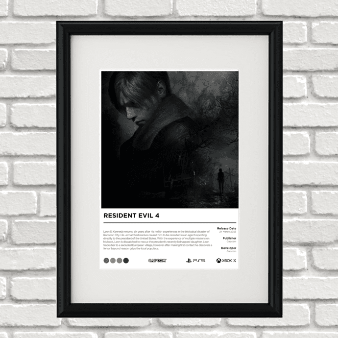 Image of a custom Resident Evil 4 Remake print in a black frame mounted on a white brick wall