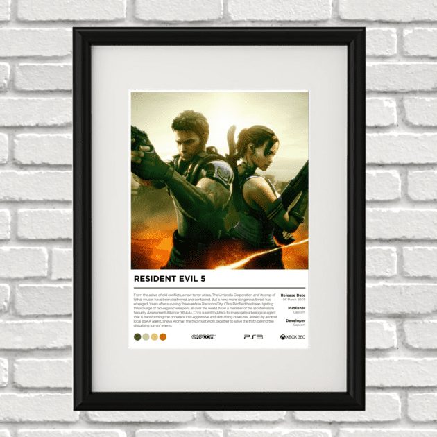 Image of a custom Resident Evil 5 print in a black frame mounted on a white brick wall