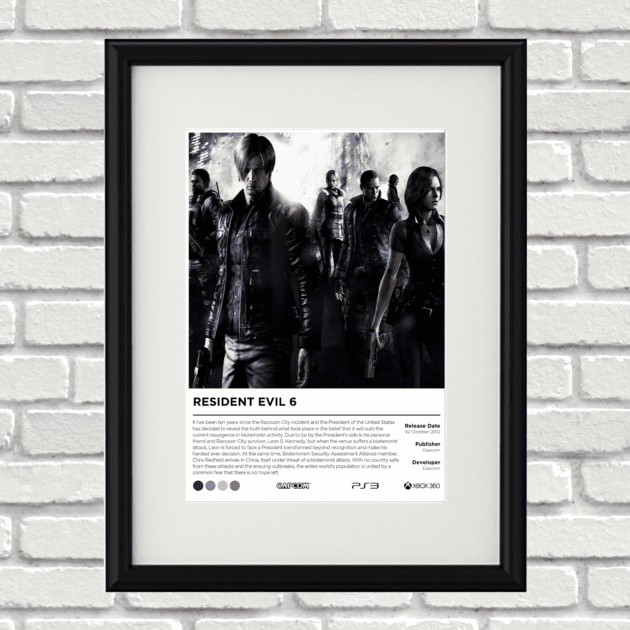 Image of a custom Resident Evil 6 print in a black frame mounted on a white brick wall